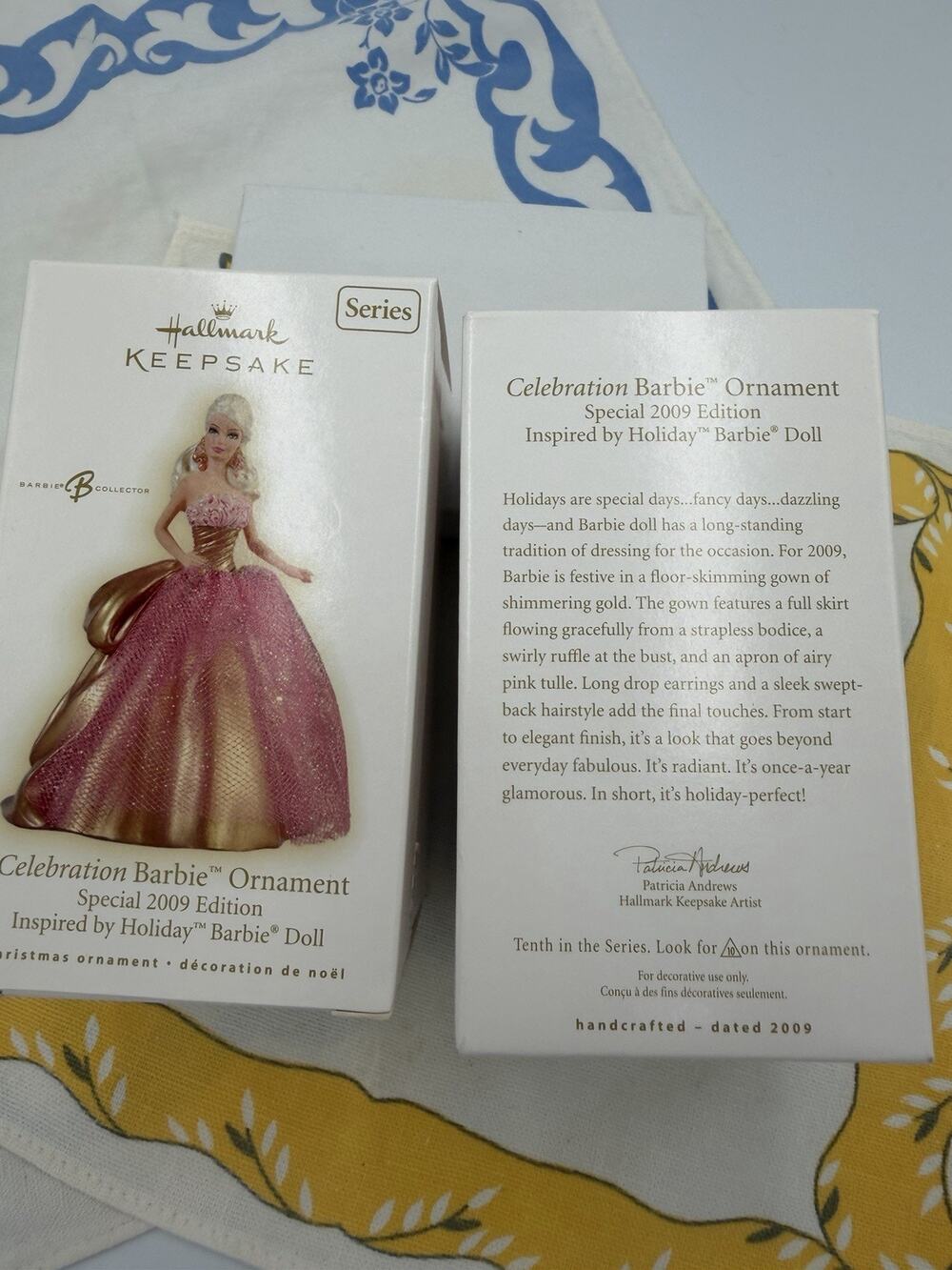 Hallmark 2009 Celebration Barbie Ornament Pink Gold Dress Mattel Patrica Andrews